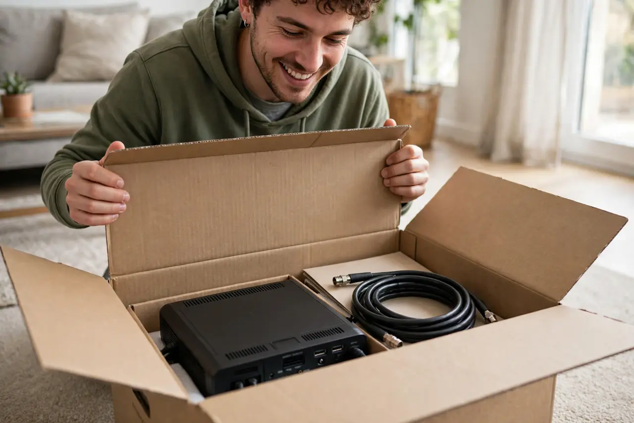 A person opening a real cardboard box containing a modem, coaxial cable, and quick-start guide on a living room floor, the person's face optimistic, daylight.