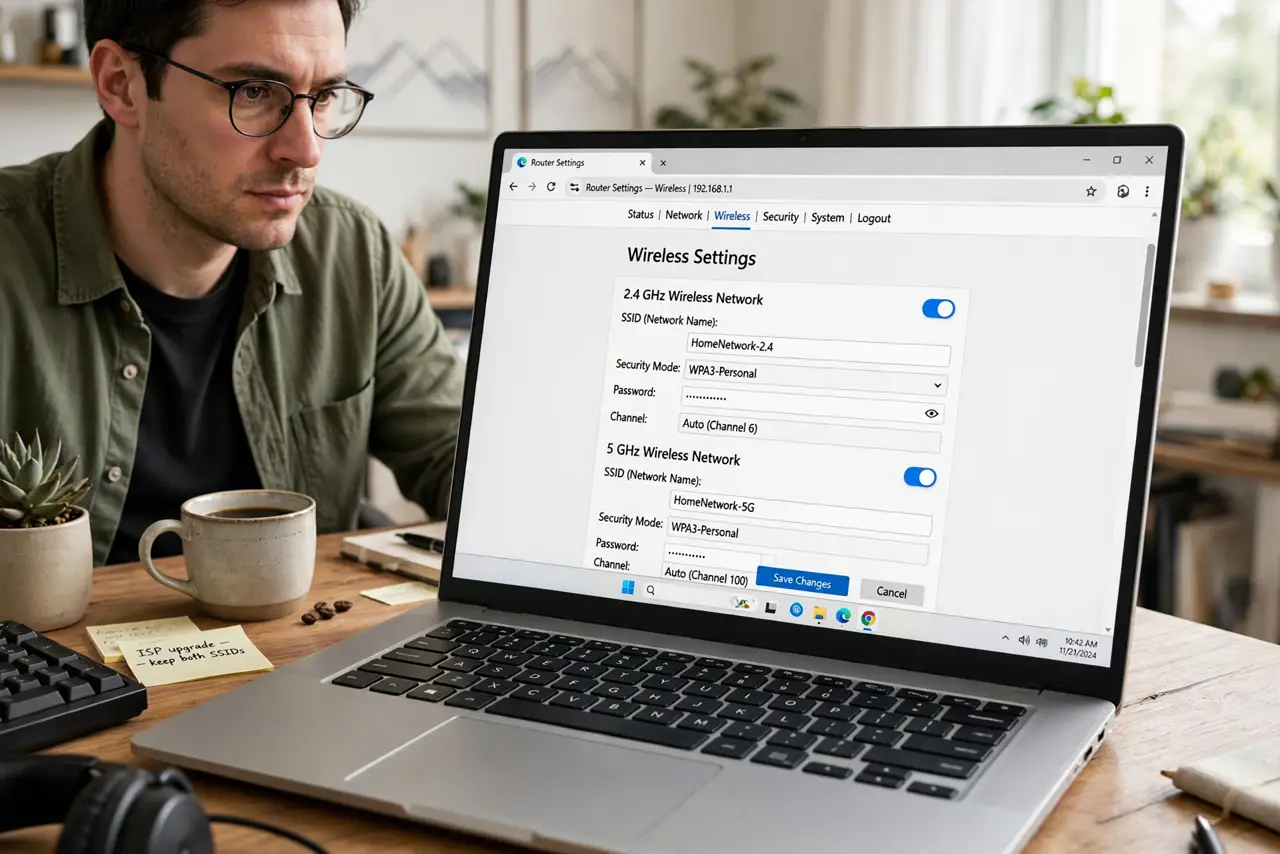 A person looking at a real laptop showing router wireless settings with separate 2.4 GHz and 5 GHz SSID fields in legible text, the person's face focused, home office.
