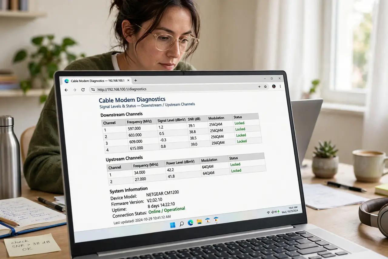 A person viewing a real cable modem diagnostics page on a real laptop, the signal level table with legible numbers, the person's face analytical and learning.