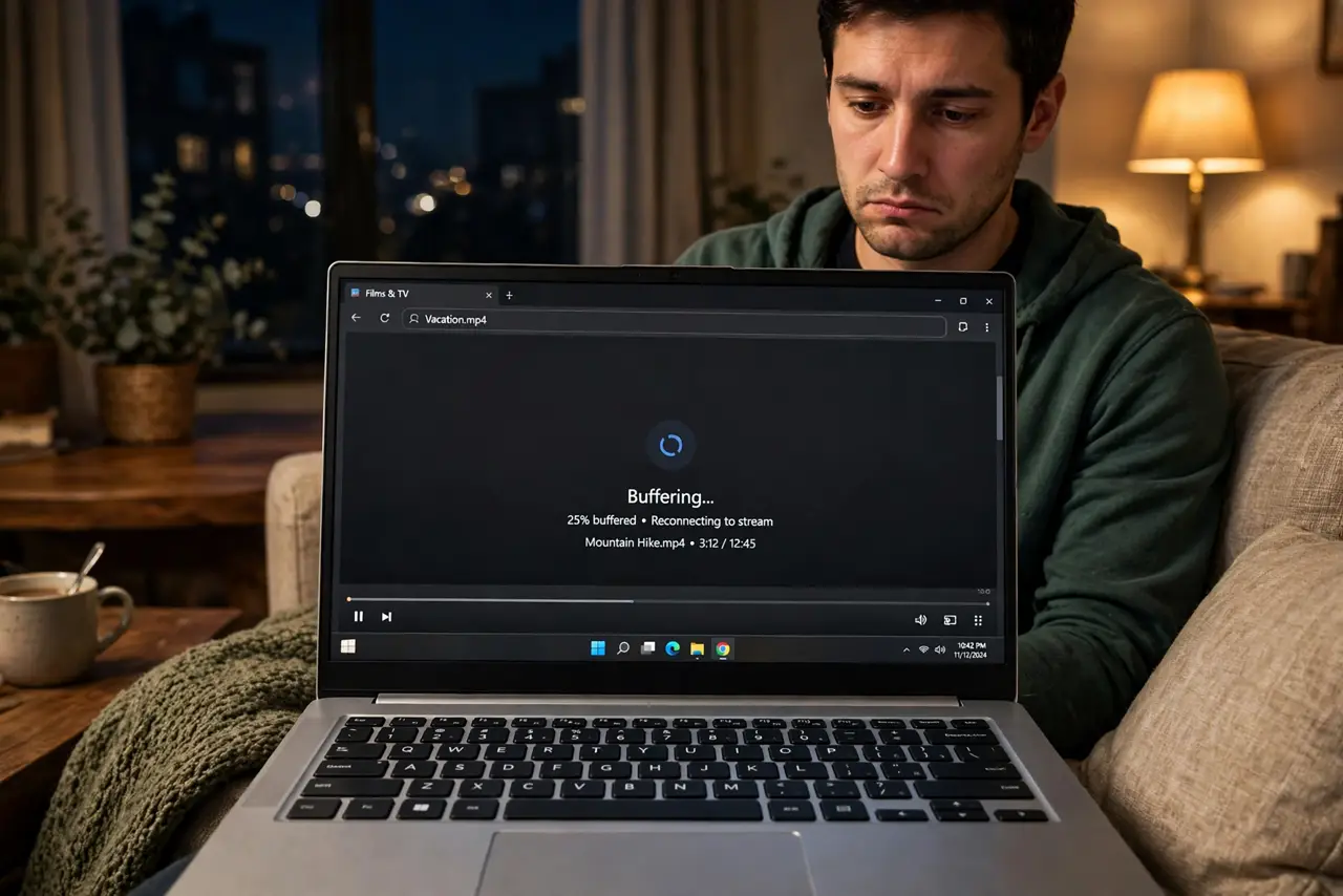 Internet Slow Only at Night — a person on a couch at night with a real laptop showing a buffering video, warm lamp light, the person's face