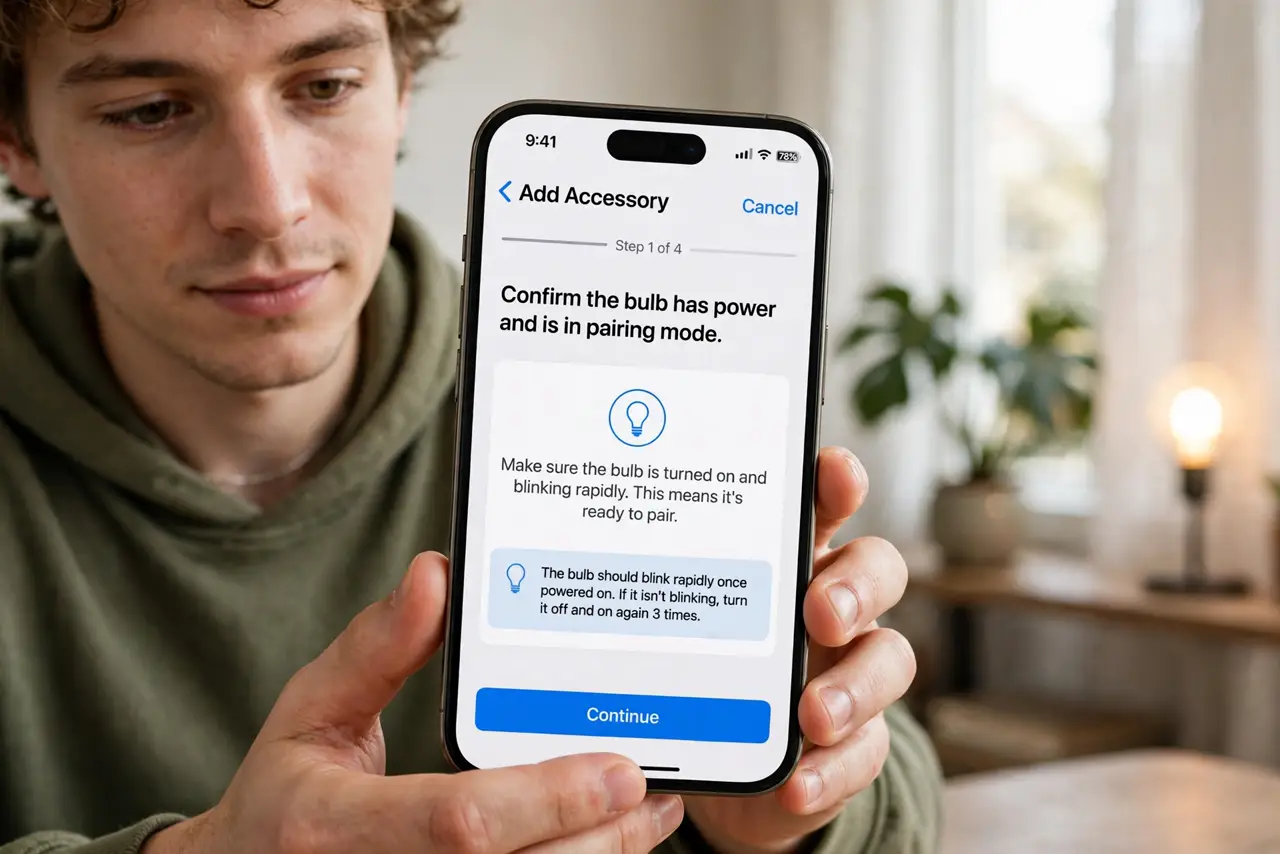 A person doing the guide's first step: Confirm the bulb has power and is in pairing mode.