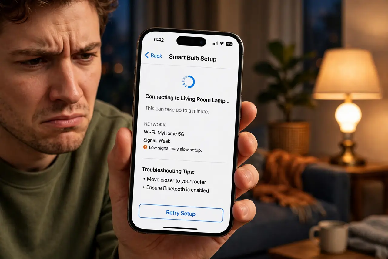 A person holding a real iPhone showing a smart bulb setup app screen, a smart bulb glowing in a lamp nearby, the person's face mildly frustrated, living room evening.