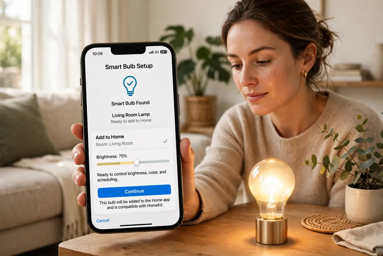 A person holding a real phone showing a smart bulb setup screen in legible text, a smart bulb glowing nearby on a table, the person's face calm and focused, living room.