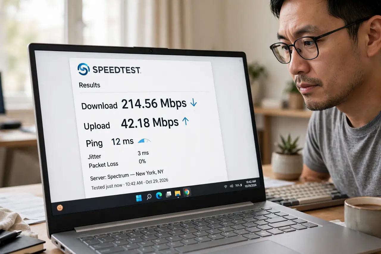 A person looking at a real laptop showing a speed test results page with download, upload, and ping numbers legible, the person's face analytical, home office.