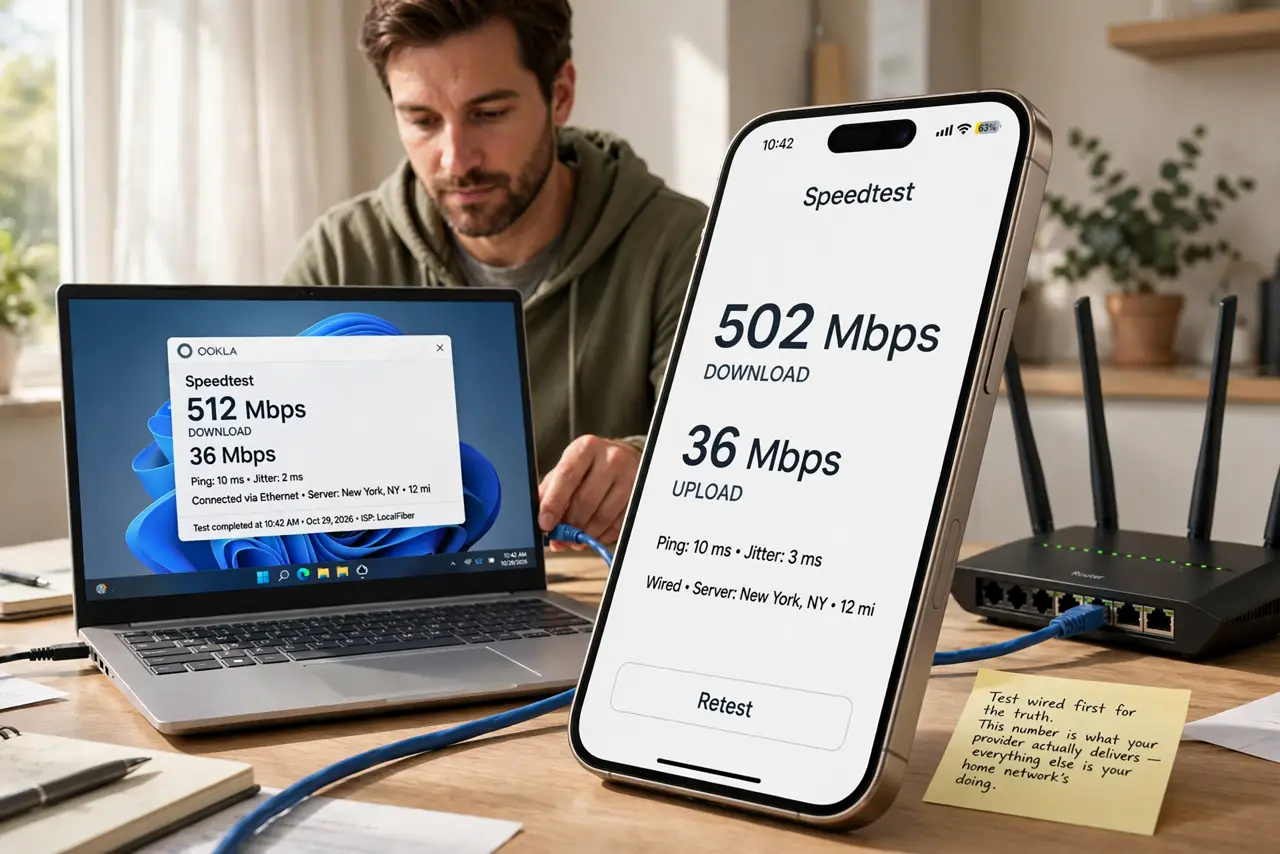 A person performing the first step of the guide: Test wired first for the truth. Plug a laptop directly into the router with an Ethernet cable and run the.