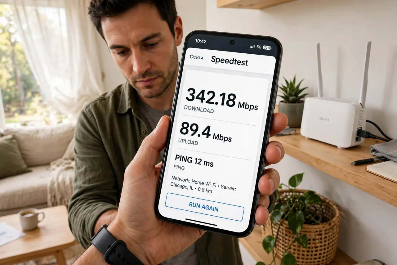 A person holding a real phone showing a speed test app with legible Mbps results, standing next to a real Wi-Fi router on a shelf, the person's face.