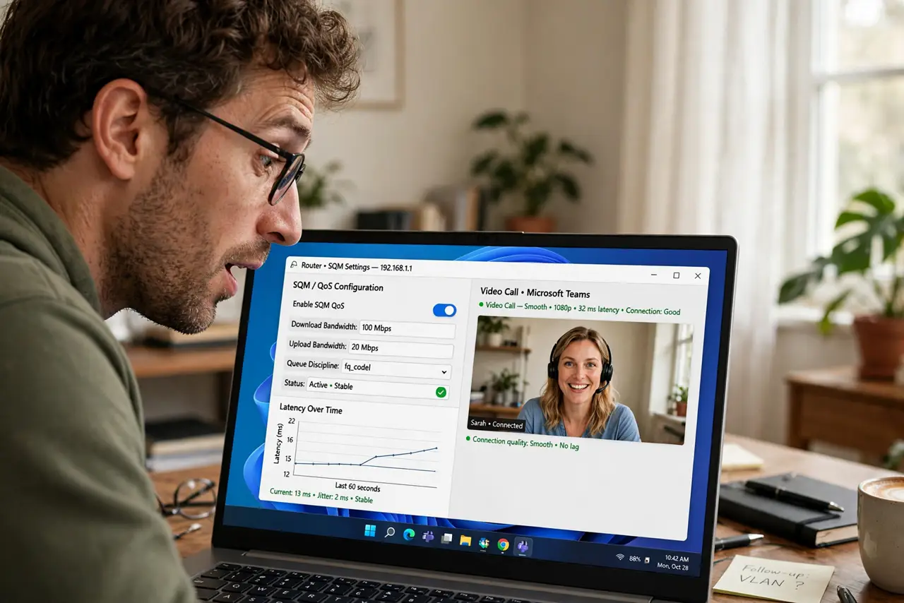 A person looking at a laptop showing router SQM settings with a latency graph legible, a video call smooth beside it, face impressed, home office.