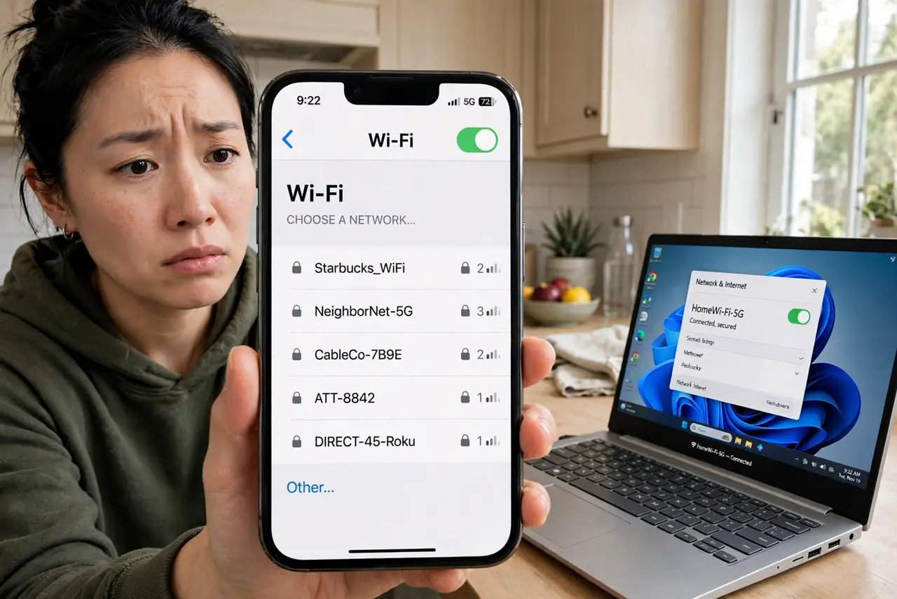 A person holding a real phone showing a Wi-Fi network list in legible text with their network missing, a laptop nearby connected fine, the person's face puzzled, kitchen.