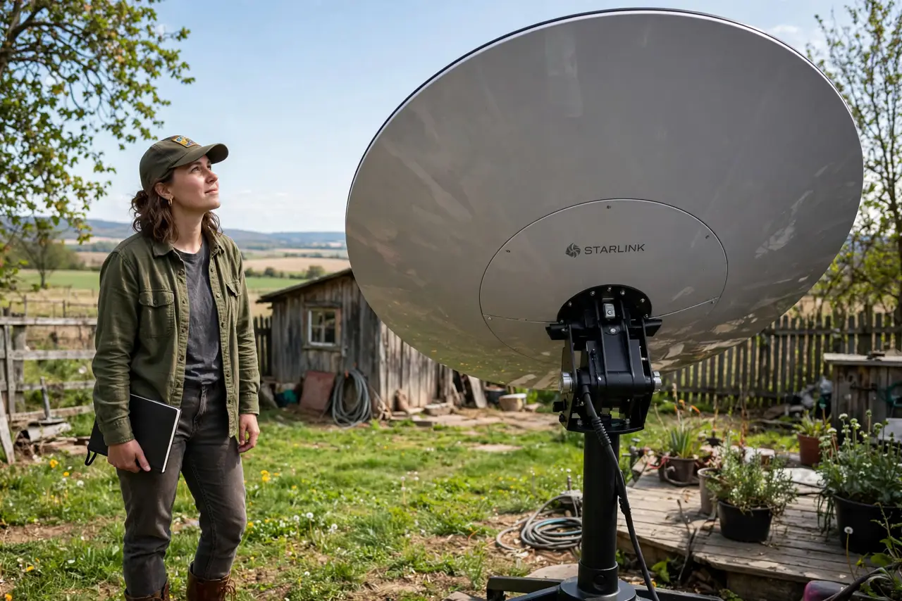 Photoreal photo of a person performing the first step: Understand what Starlink is. A constellation of low-Earth-orbit satellites plus a motorized dish at your home. The dish tracks satellites automaticall...