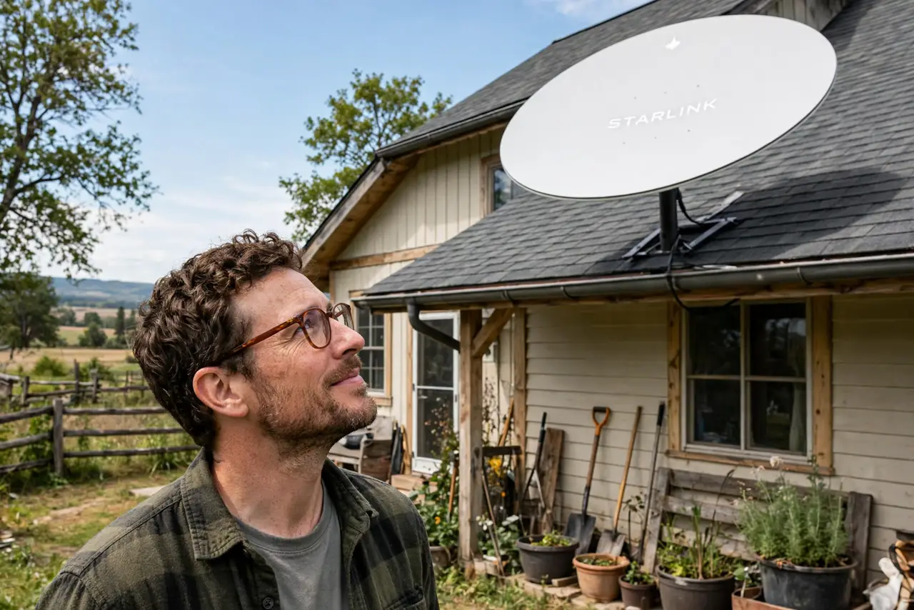 Photoreal photo: a curious person in a rural backyard looking at a real Starlink dish mounted on a roof, a house and open sky behind, the person's face interested and hopeful. No black screen, no blank white screen, no f
