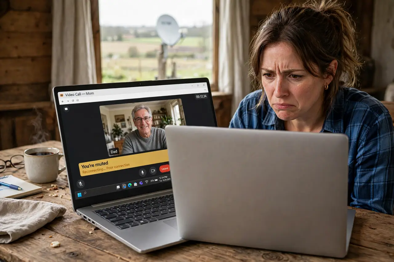 A person on a video call on a real laptop in a rural home, a small satellite dish visible through the window, the person's face slightly frustrated mid-call, wooden table.
