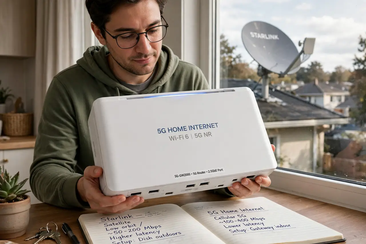 Photoreal photo of a person performing the first step: Understand the two technologies. Starlink beams internet from low-orbit satellites to a dish you install. 5G home internet is a cellular router using ...