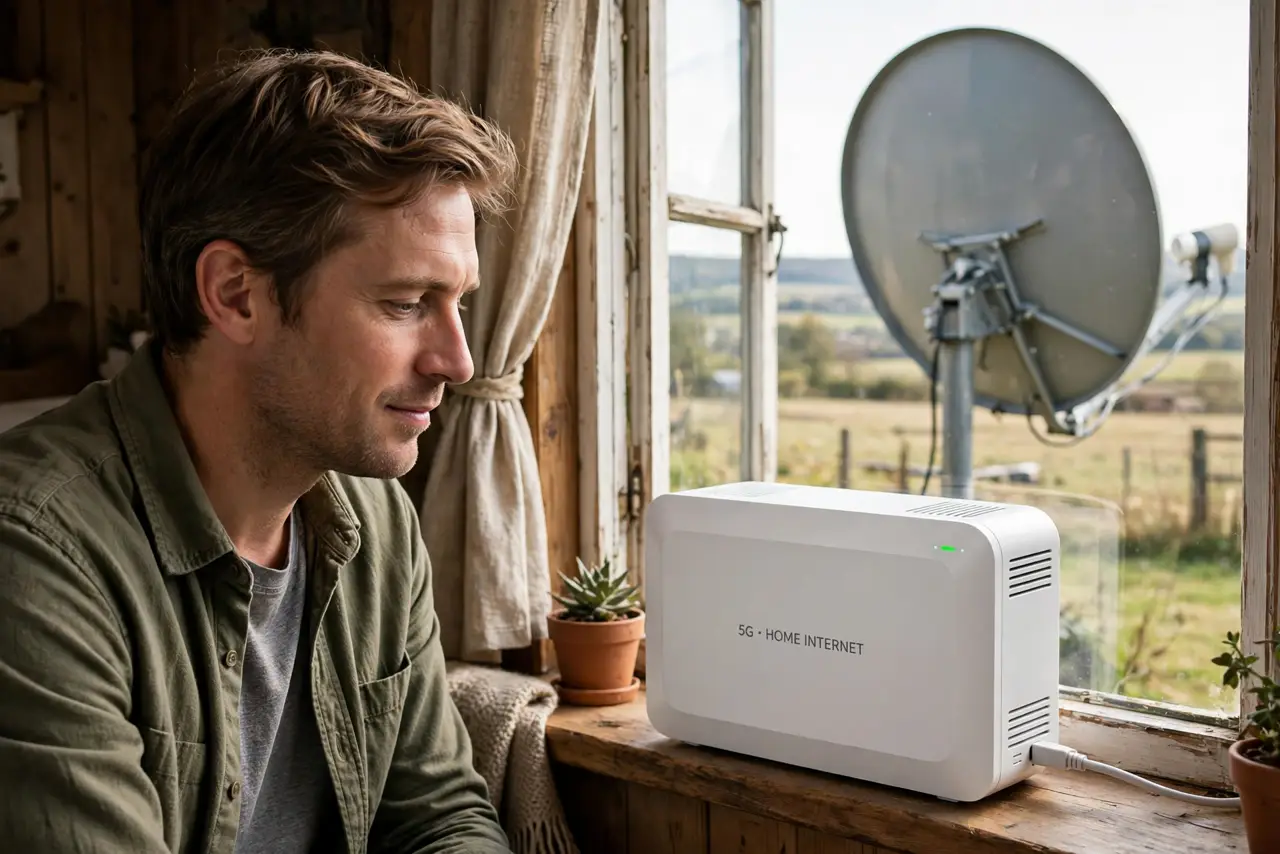 Photoreal photo: a thoughtful person in a rural home comparing a small 5G home internet gateway box on a windowsill with a view of a satellite dish outside, the person's face weighing options. No black screen, no blank w