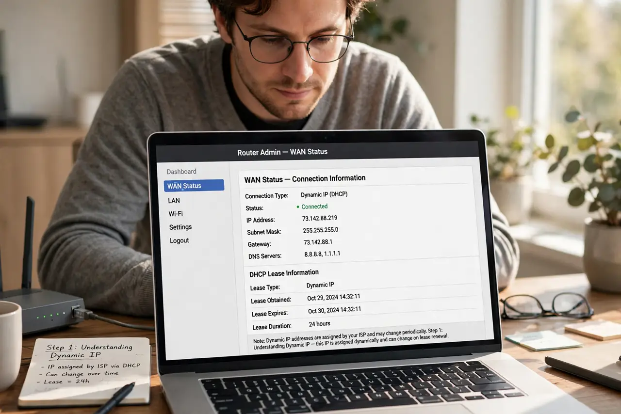A person carrying out step one: understand dynamic ip.