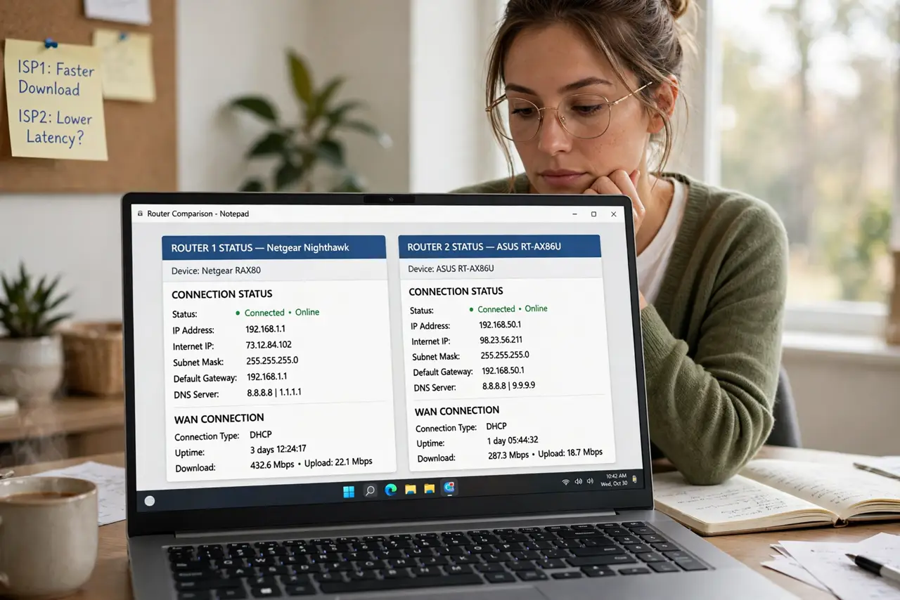 A person comparing two real router status screens on a laptop showing IP address information, the person's face thoughtful, home office.