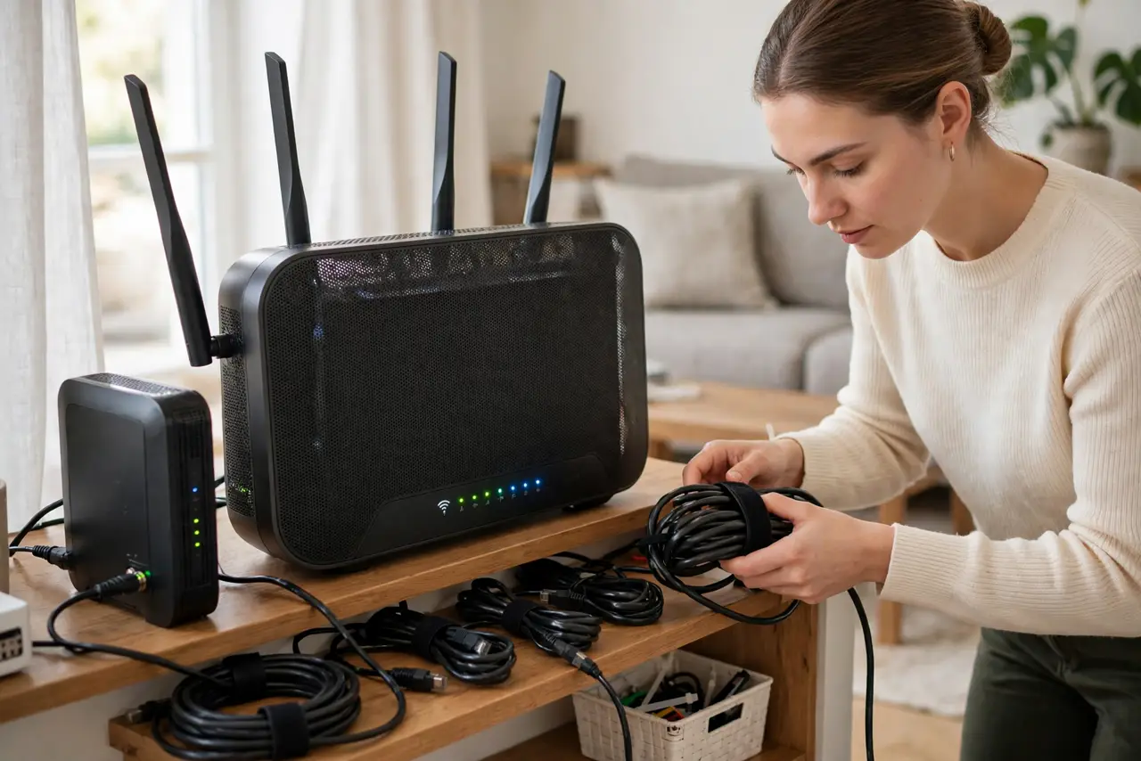 A person tidying the area around a real modem and router on a shelf, coiling cables neatly, the person's face organized, living room daylight.