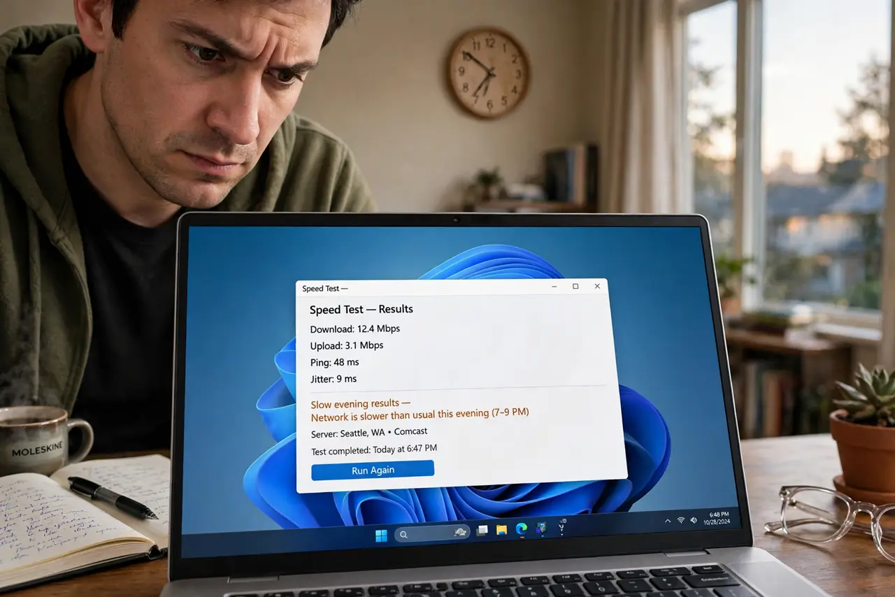 A person looking at a real laptop showing a speed test with slow evening results legible on screen, a clock showing evening time, the person's face suspicious…