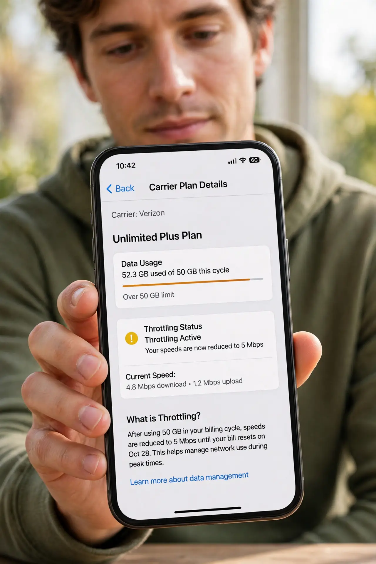 Photoreal photo of a person performing the first step: Learn the throttling pattern. Throttling caps your speed to a fixed number — say 600 Kbps — once you exceed an allowance, and it stays capped until th...