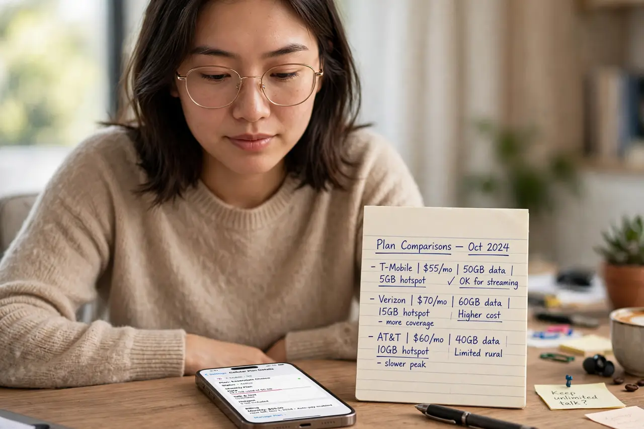 Photoreal photo: a thoughtful person at a desk with a real phone showing a legible carrier plan details page, a notepad with comparisons beside it, the person's face focused on understanding. No black screen, no blank wh