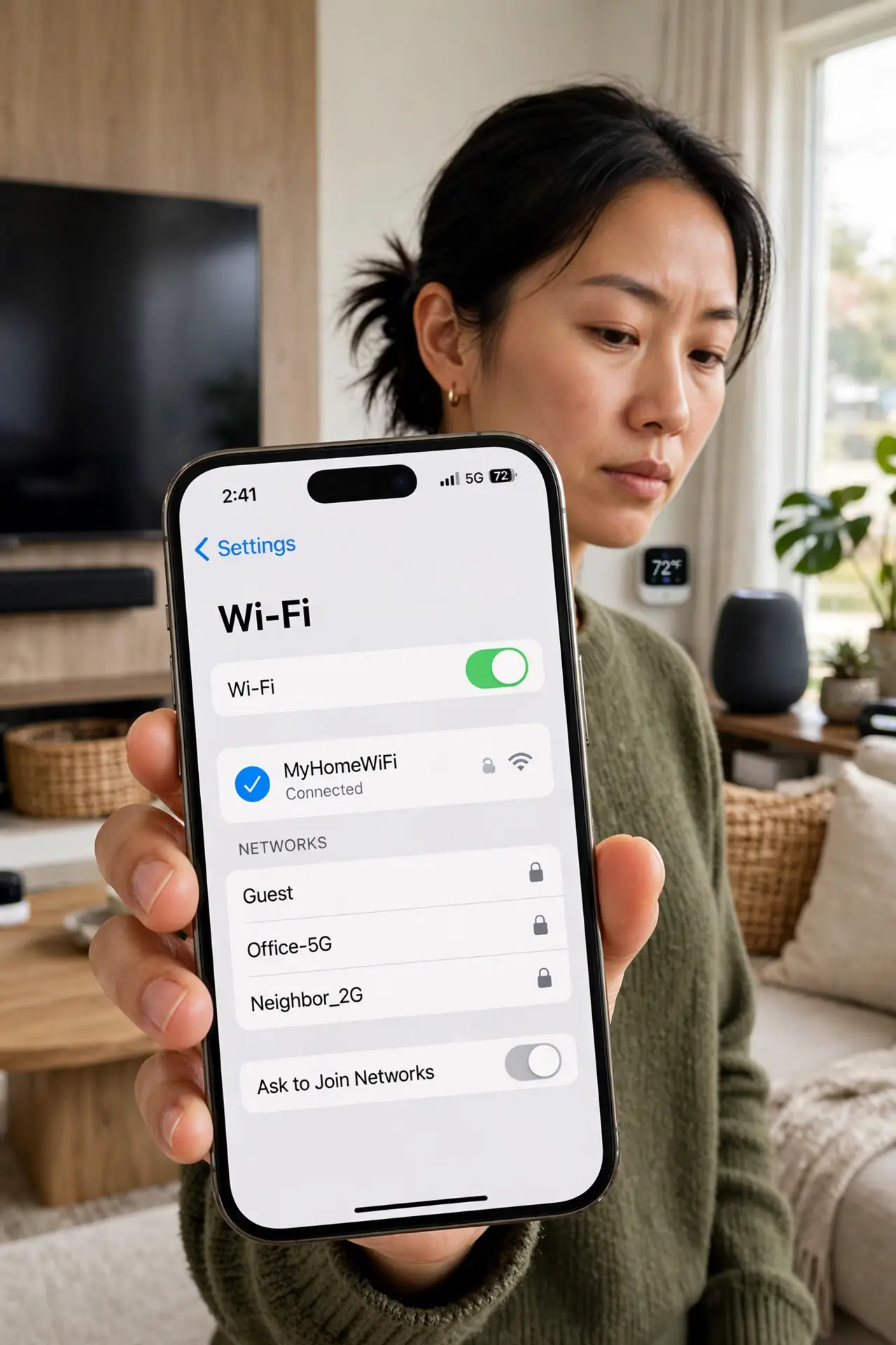A person standing in a living room holding a real iPhone showing a Wi-Fi settings screen, surrounded by visible smart devices like a TV and speaker, the person's face thoughtful, home interior.