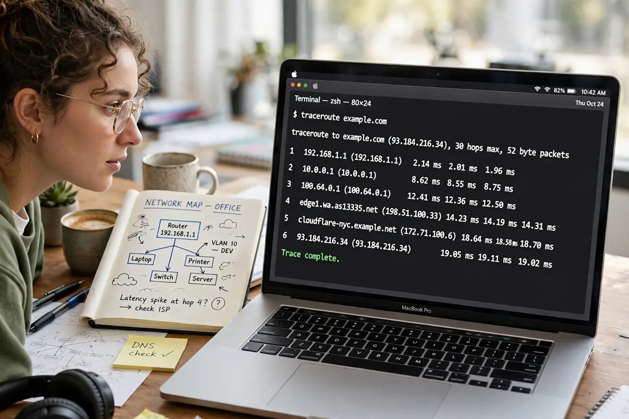 A person looking at a laptop screen showing traceroute results with a list of hops and times legible, a network diagram notebook beside them, face curious and…