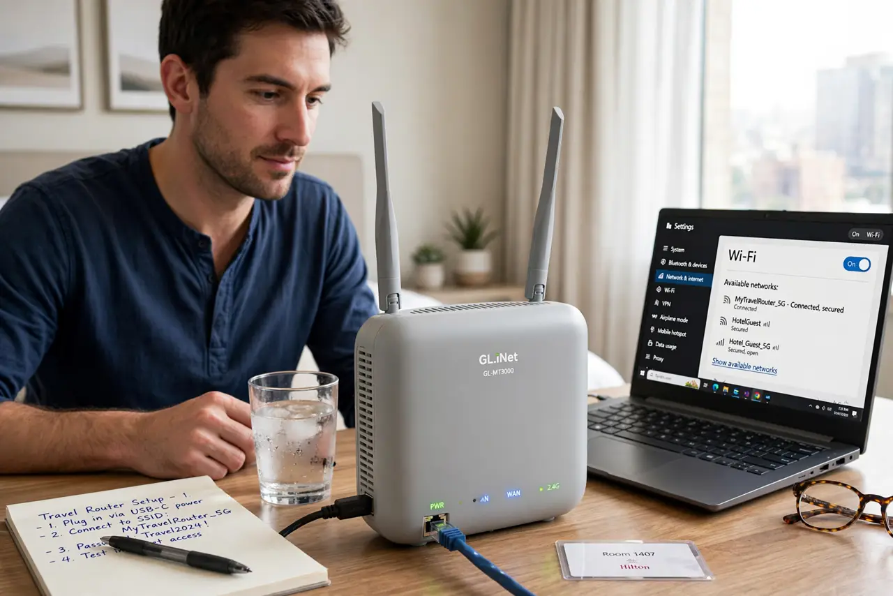 Photoreal photo of a person performing the first step: Understand the core trick. The travel router joins the hotel Wi-Fi as a single client and handles the captive-portal login once. Your laptop, phone, a...