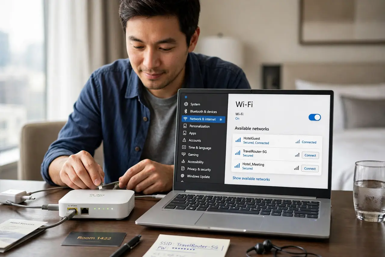 Photoreal photo: a person setting up a small real travel router on a hotel desk next to a real laptop showing a Wi-Fi settings screen with legible text, the person's face focused, hotel room. No black screen, no blank wh