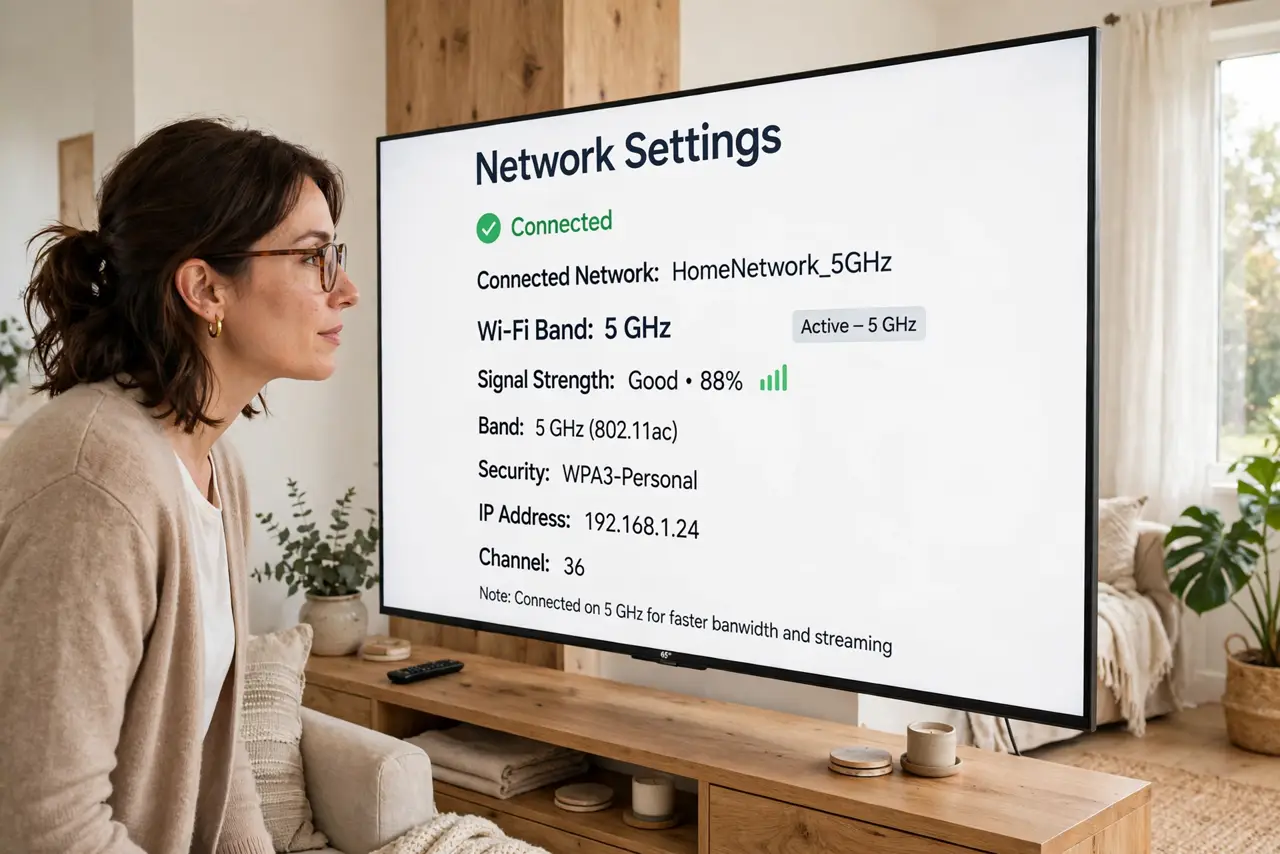 Photoreal photo of a person performing the first step: Check which band the TV uses now. In the TV's network settings, look at the connected network n