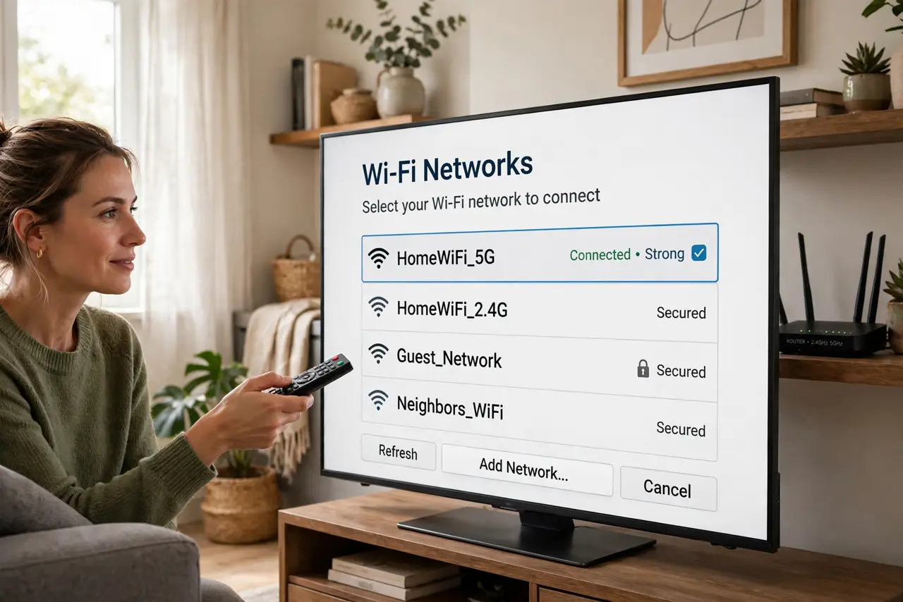 Photoreal photo: a person using a real TV remote with a real smart TV showing a legible Wi-Fi network selection screen, the person's face focused, living room with router visible on a shelf. No black screen, no blank white screen, no