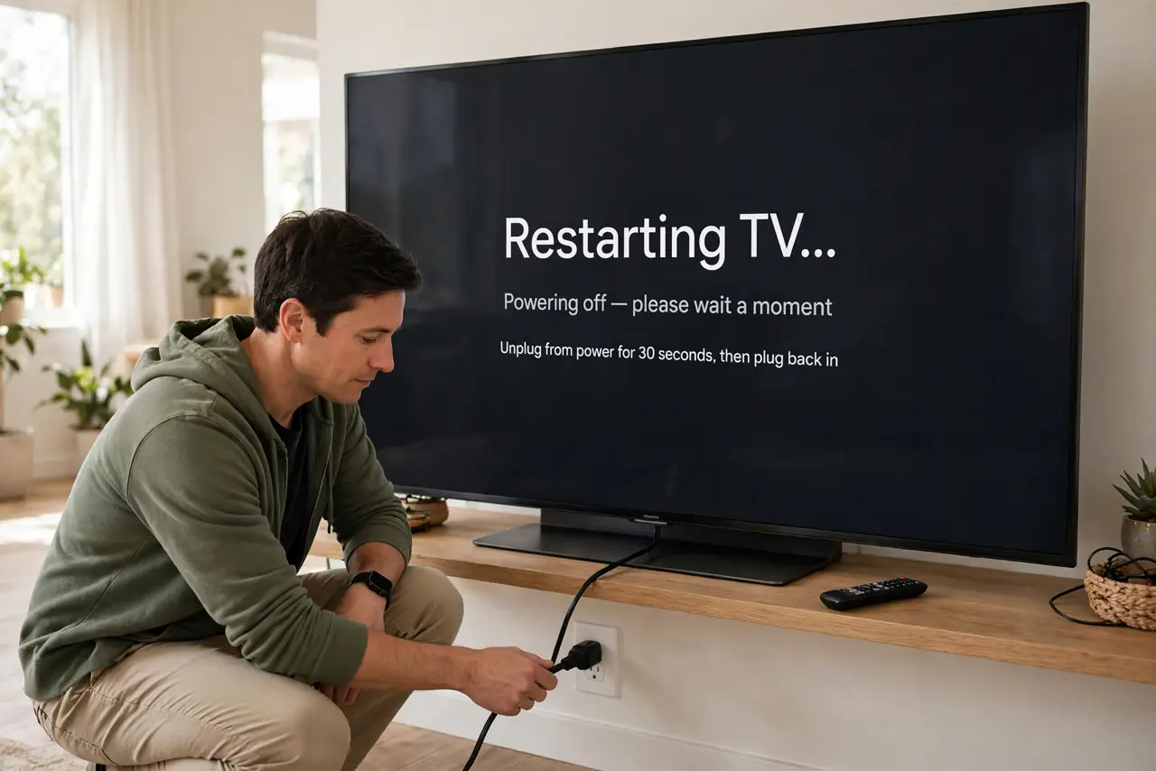 A person carrying out step one: restart the tv properly.