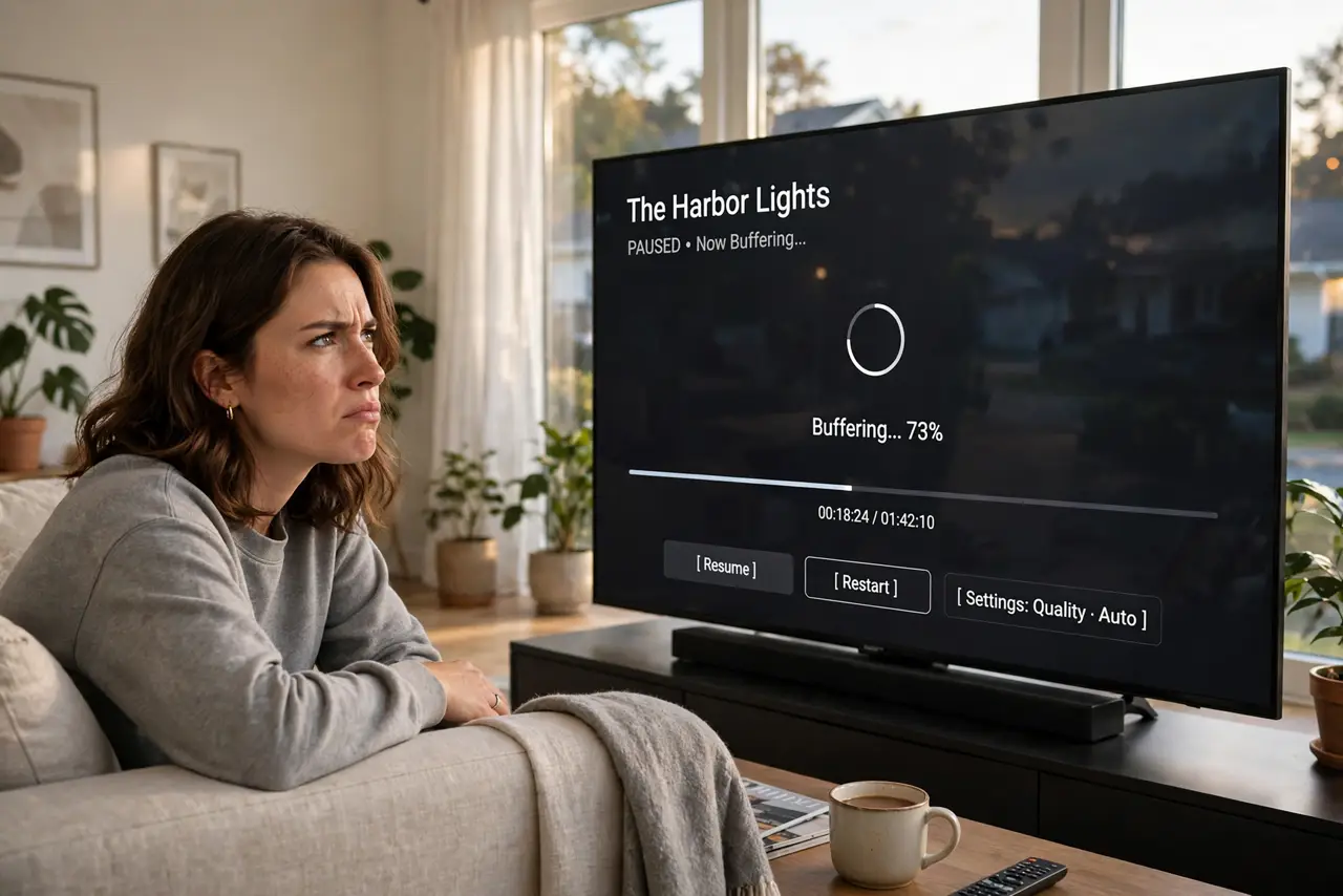 A frustrated person on a couch looking at a real smart TV showing a buffering spinner over a paused movie with legible interface, living room evening, face…