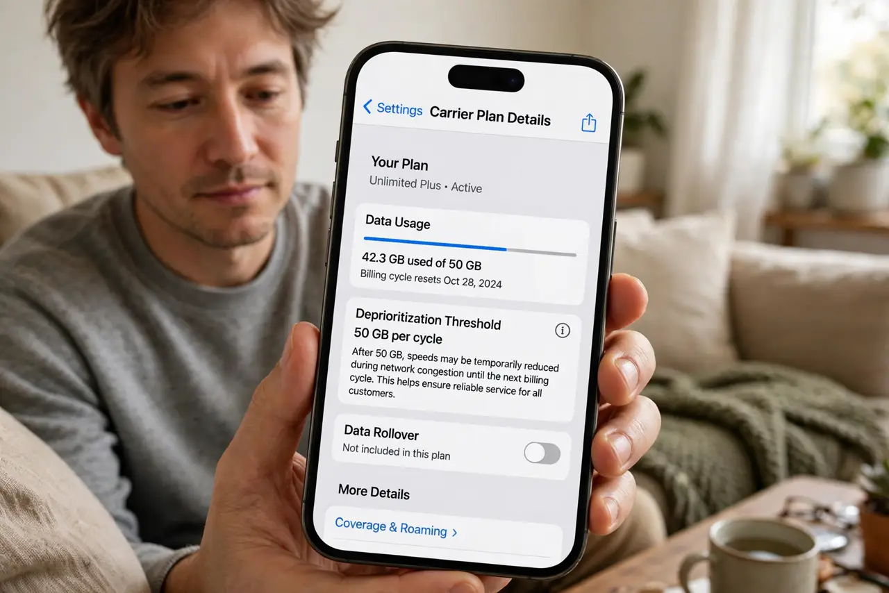 Photoreal photo of a person performing the first step: Find your deprioritization threshold. Buried in your plan details is a number — often 20, 50, or 100 GB — after which you get deprioritized during con...