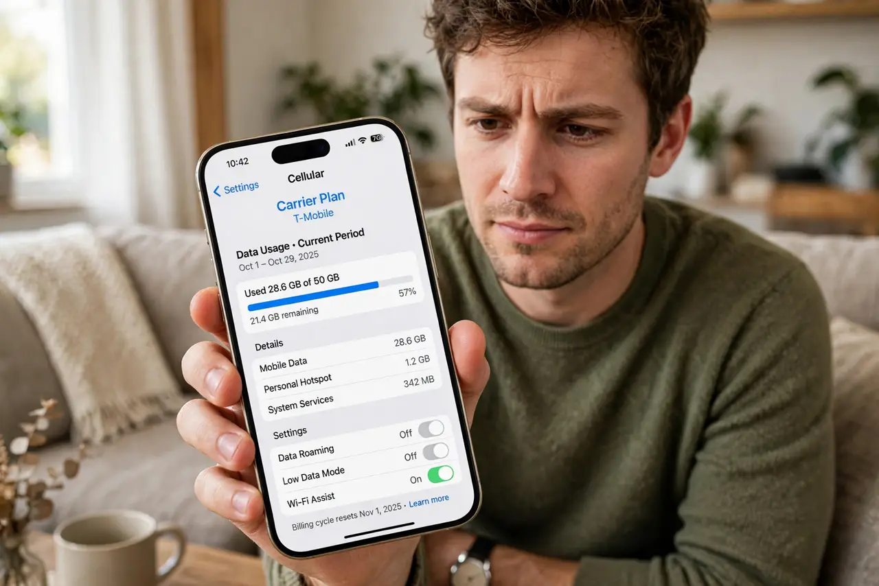 Photoreal photo: a person reading a real phone screen showing a carrier plan page with legible data usage details, the person's face skeptical and focused, couch at home. No black screen, no blank white screen, no fake o