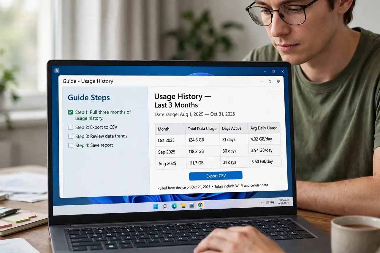 A person doing the guide's first step: Pull three months of usage history.