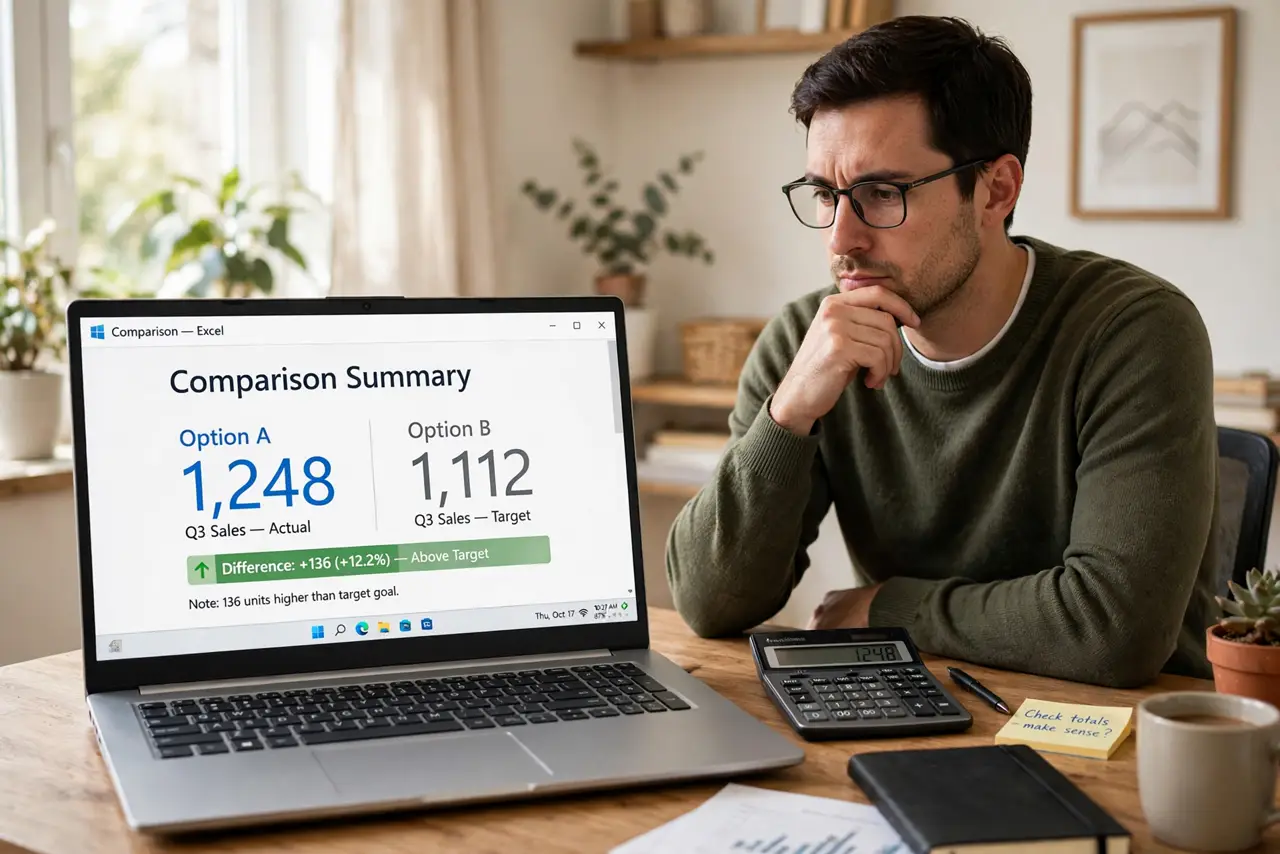 A person at a desk with a real laptop showing a simple comparison of two numbers on screen and a calculator beside it, the person's face thoughtful, home office.