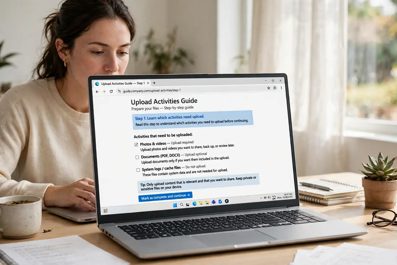 A person doing the guide's first step: Learn which activities need upload.