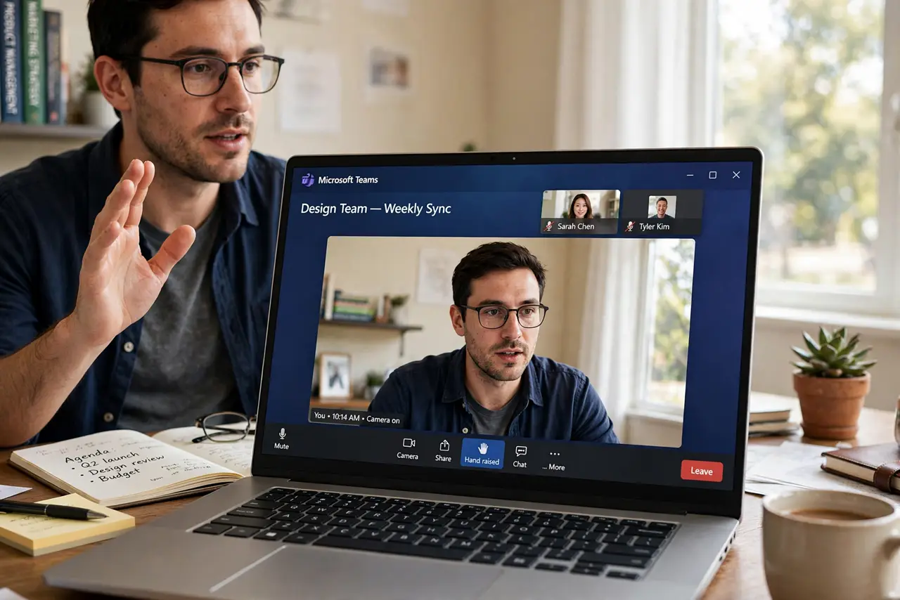 A person on a real laptop with a video call window open showing their own camera preview, hand raised mid-sentence, the person's face engaged, home office.