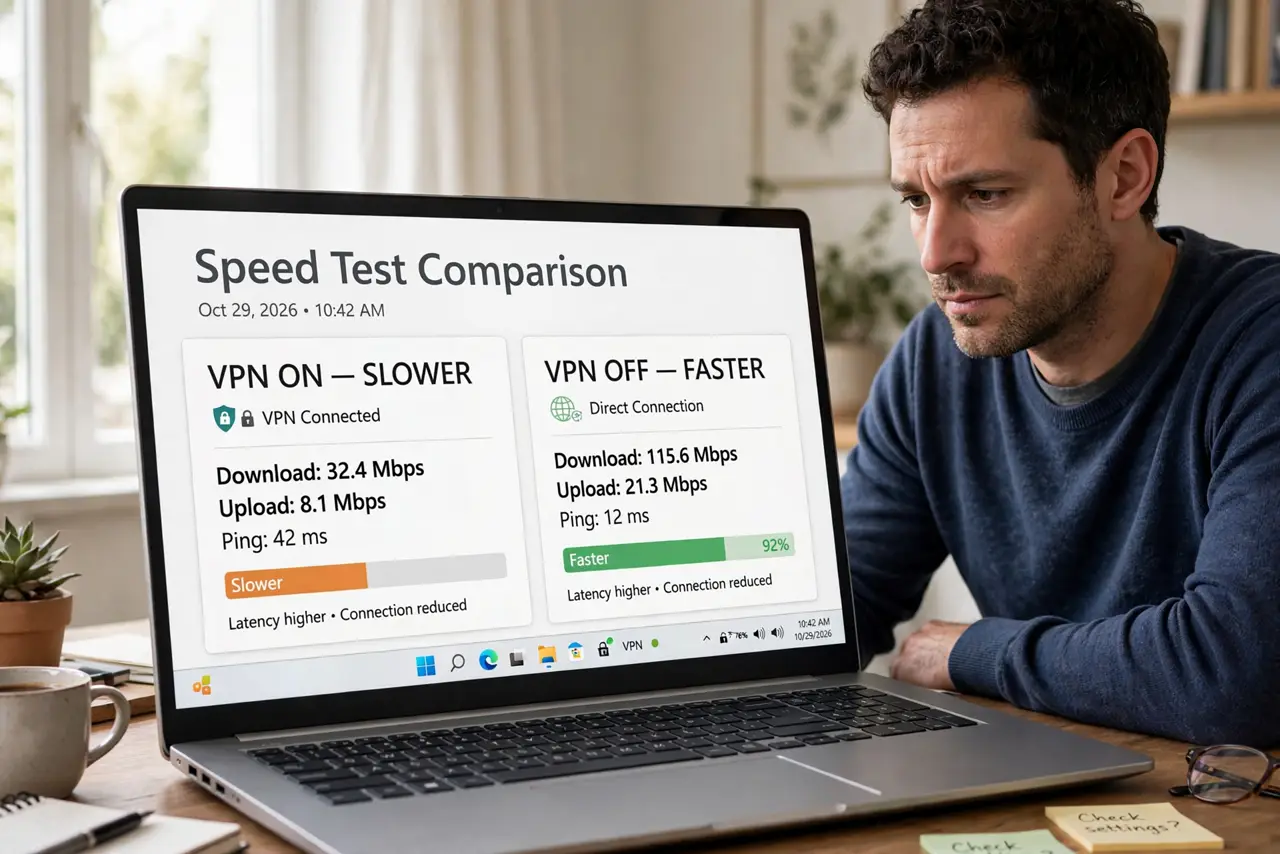 A person looking at a real laptop showing two speed test results side by side (VPN on slower) in legible text, the person's face thoughtful, home office.