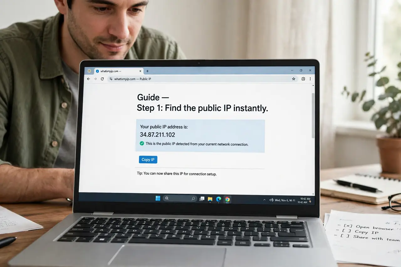 A person doing the guide's first step: Find the public IP instantly.
