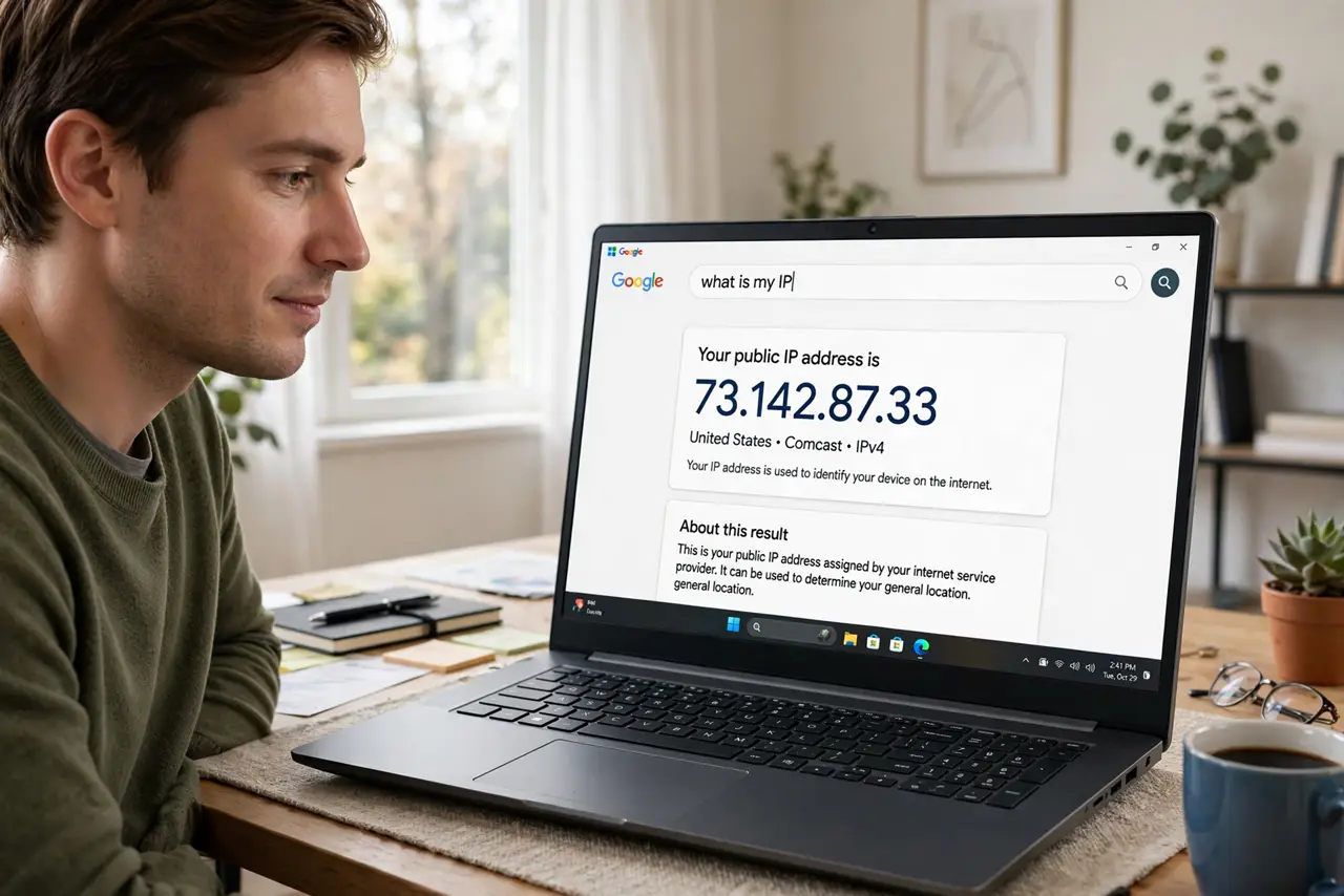 A person looking at a real laptop showing a 'what is my IP' result page with a legible IP address, the person's face calm, home office.
