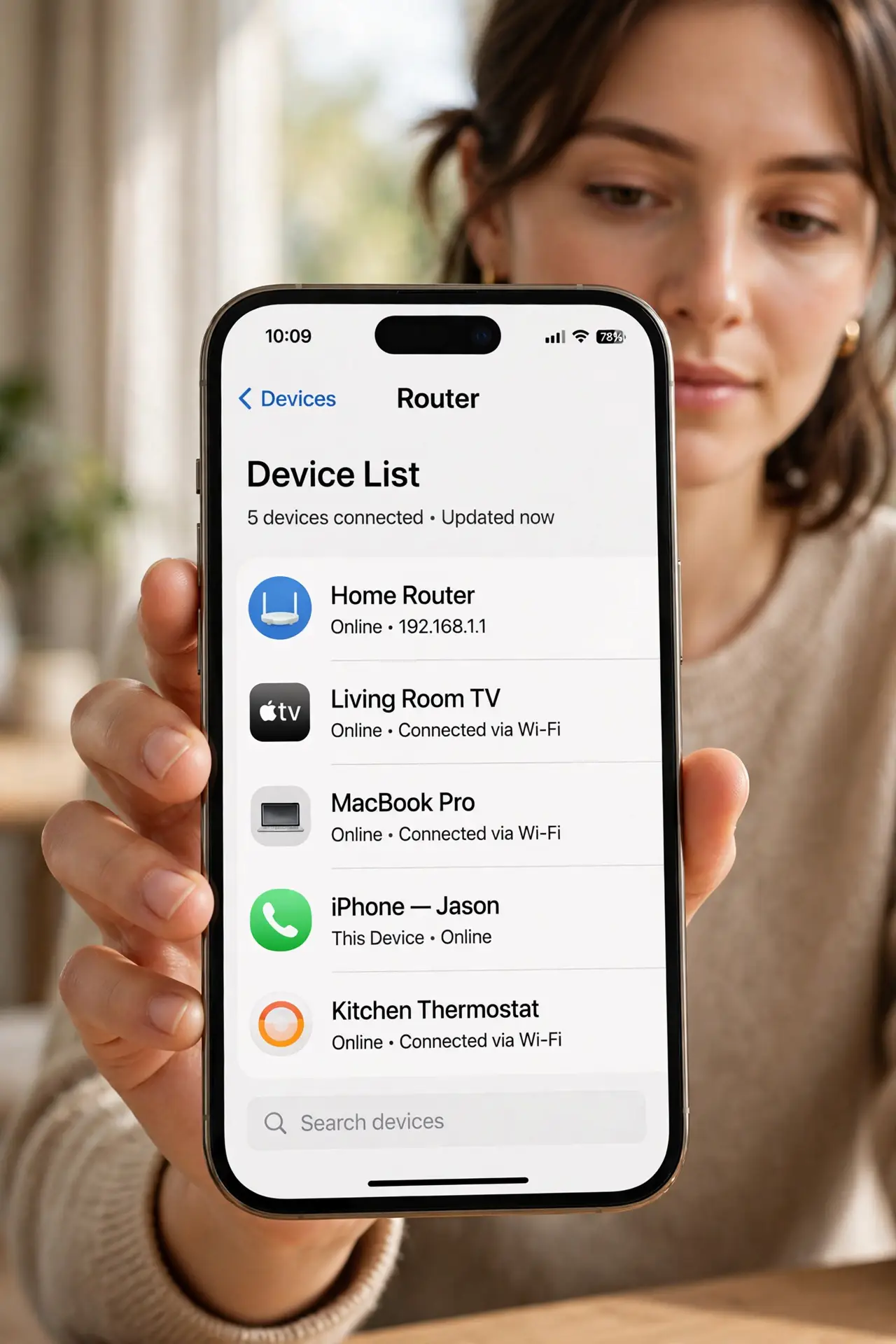 A person doing the guide's first step: Open the device list in your router's app.