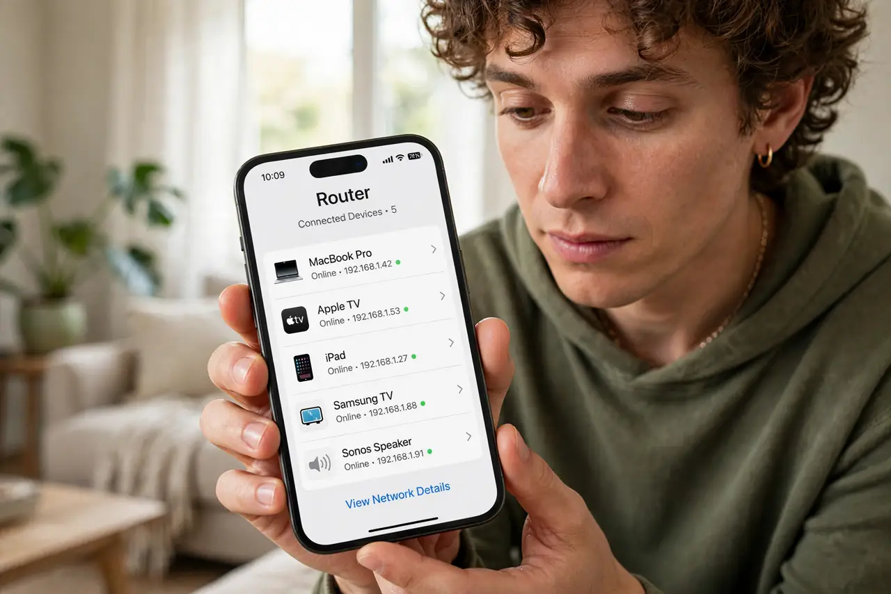 A person holding a real iPhone showing a router app with a list of connected devices on screen, the person's face curious, living room.