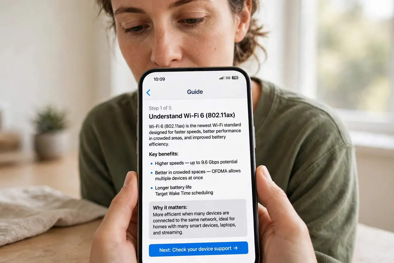 A person doing the guide's first step: Understand Wi-Fi 6 (802.11ax).