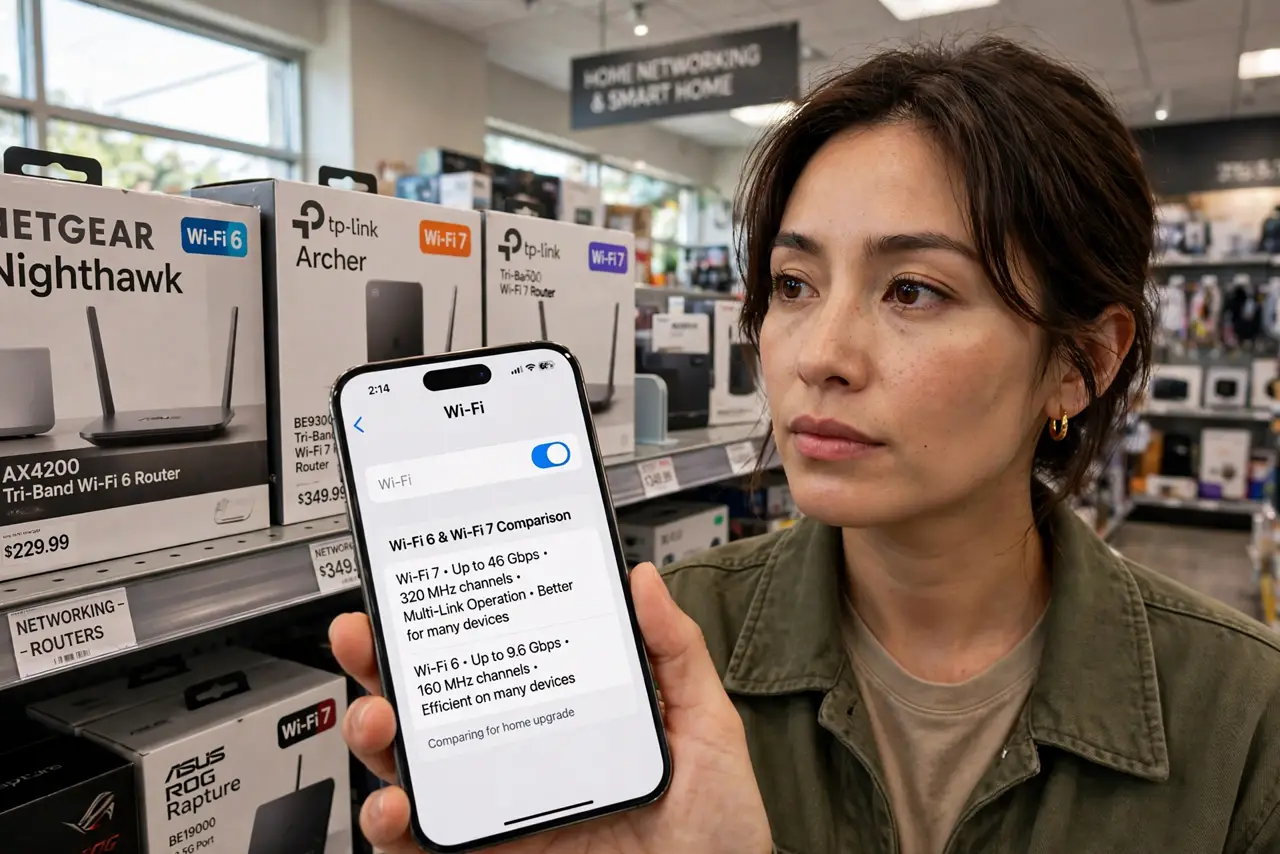 A person in a store aisle looking at real router boxes on a shelf showing Wi-Fi 6 and Wi-Fi 7 badges, holding a phone, the person's face thoughtful, electronics store.