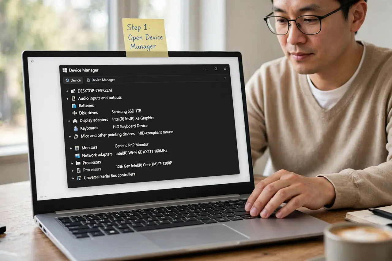 A person doing the guide's first step: Open Device Manager.
