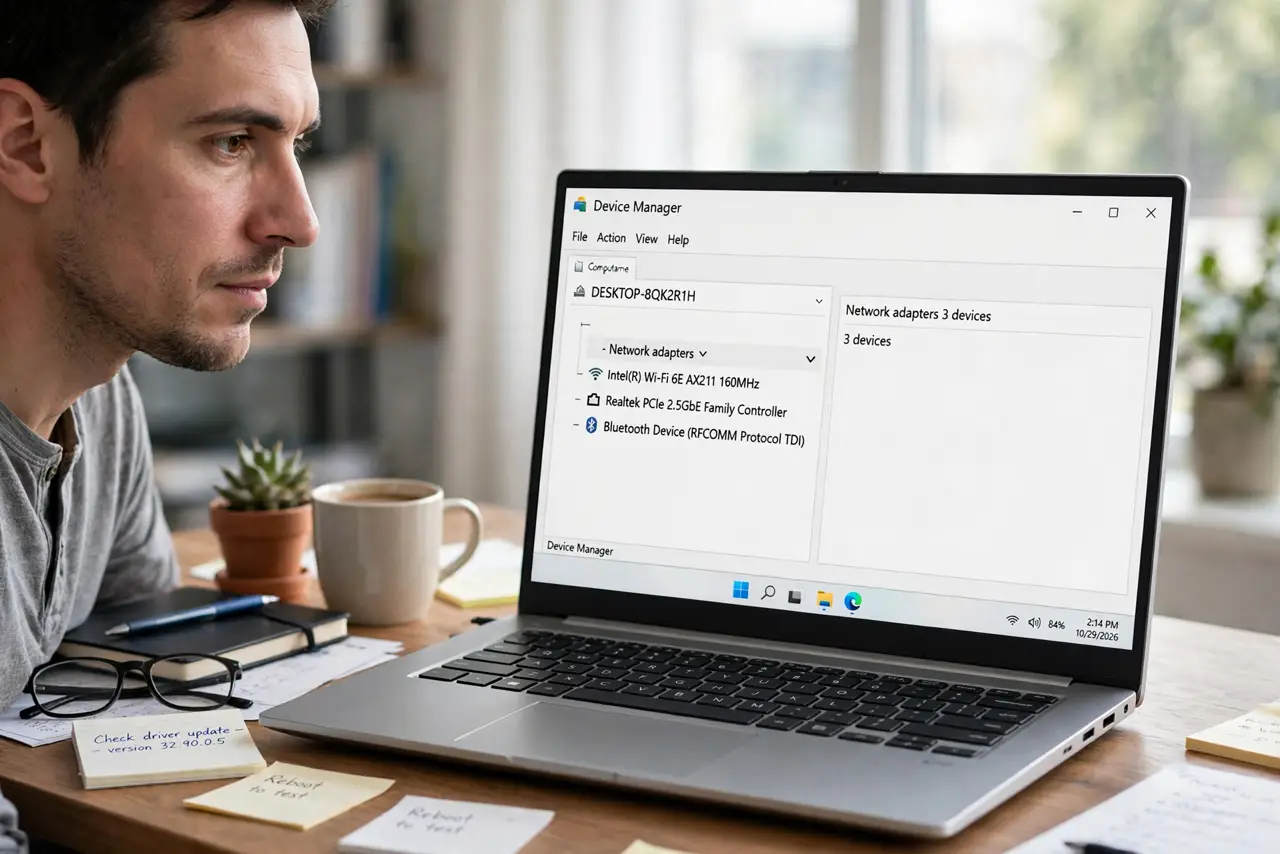 A person looking at a real Windows laptop showing Device Manager with the network adapter section expanded in legible text, the person's face focused, desk.