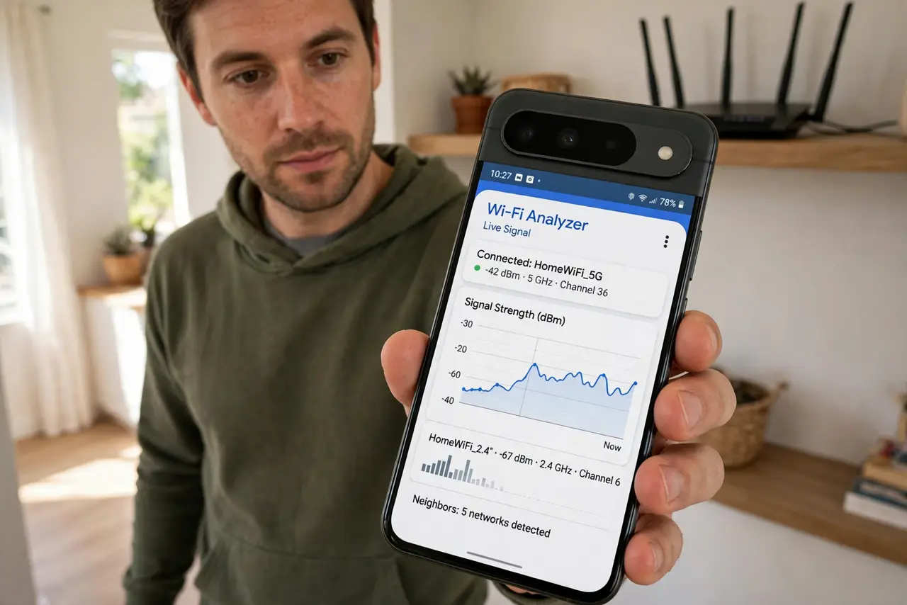 A person walking through a home holding a phone showing a Wi-Fi analyzer with signal graphs legible on screen, router on a shelf behind, face curious, daytime.