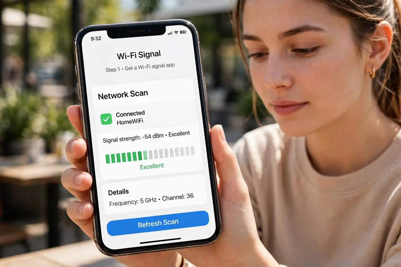 A person doing the guide's first step: Get a Wi-Fi signal app.