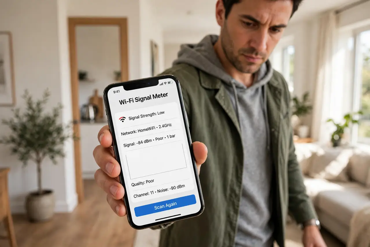 A person walking through a home holding a real iPhone showing a Wi-Fi signal meter app with low bars, the person's face investigative, home interior.