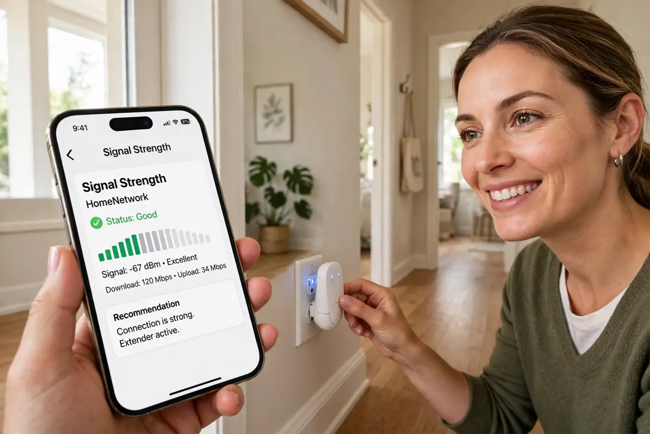 A person plugging a real Wi-Fi extender into a hallway wall outlet midway between rooms, holding a real iPhone showing a signal strength app, the person's face hopeful, home hallway.